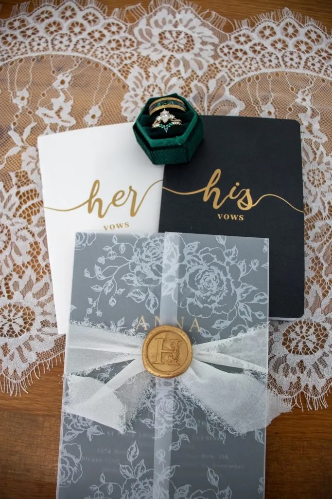 Wedding vows, rings, and invitation for details photo